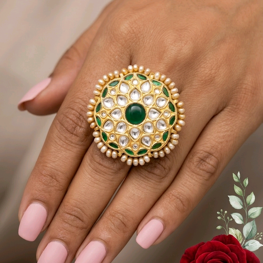Traditional Thappa Jadau Green Ring